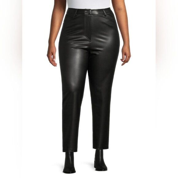 Design Lab Faux Leather Straight Fit Cropped Ankle Pants Stretch Lined 5 Pocket - Picture 1 of 14